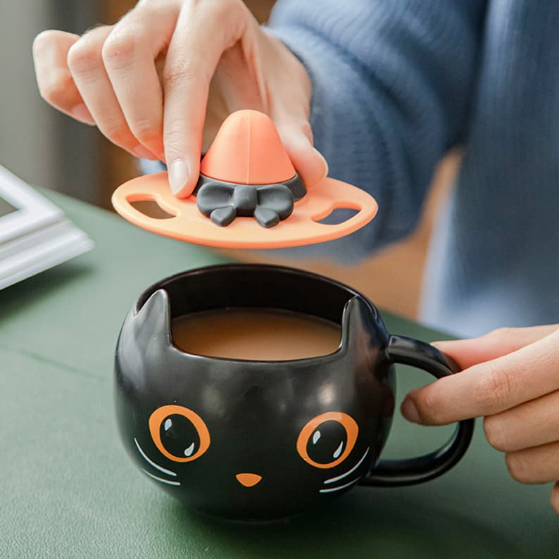 陶瓷杯限量版杯子可爱神秘猫咪杯万圣节南瓜带盖勺情侣礼物马克杯